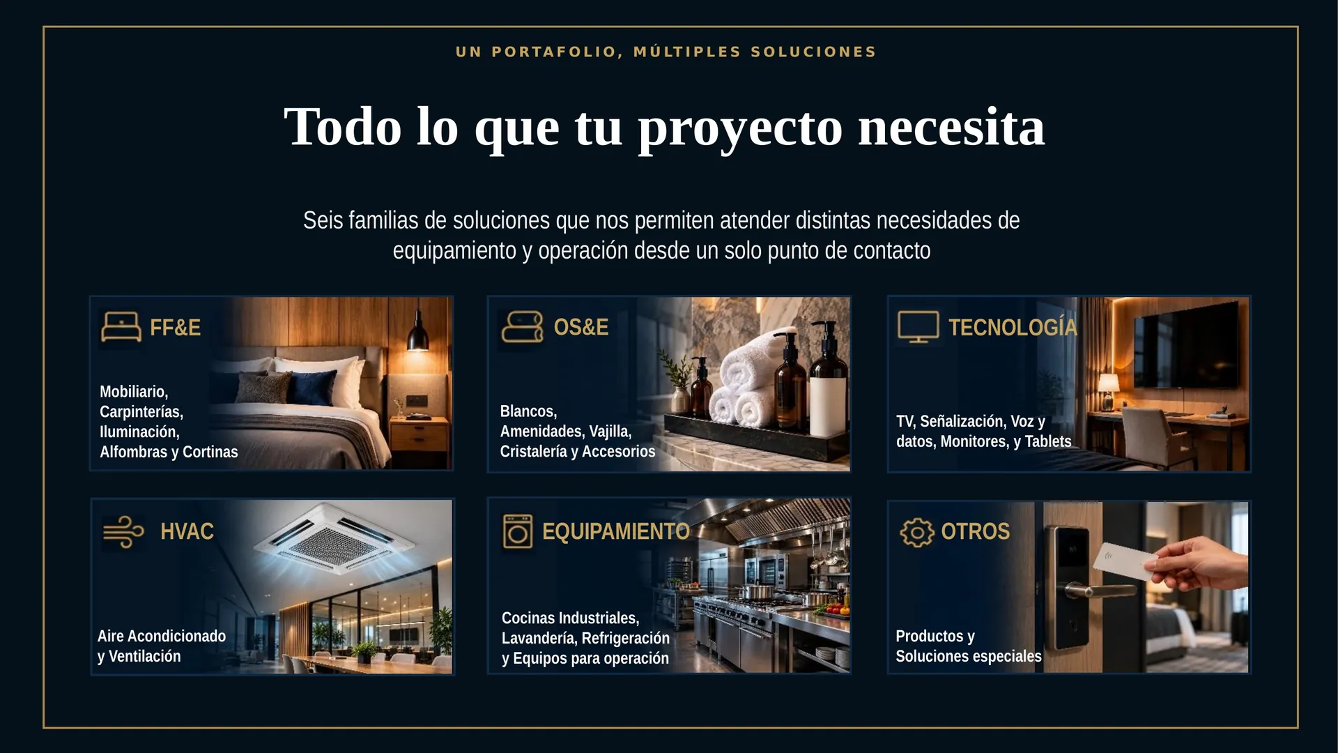 Un portafolio, múltiples soluciones: FF&E, OS&E, Tecnología, HVAC, Equipamiento y otros