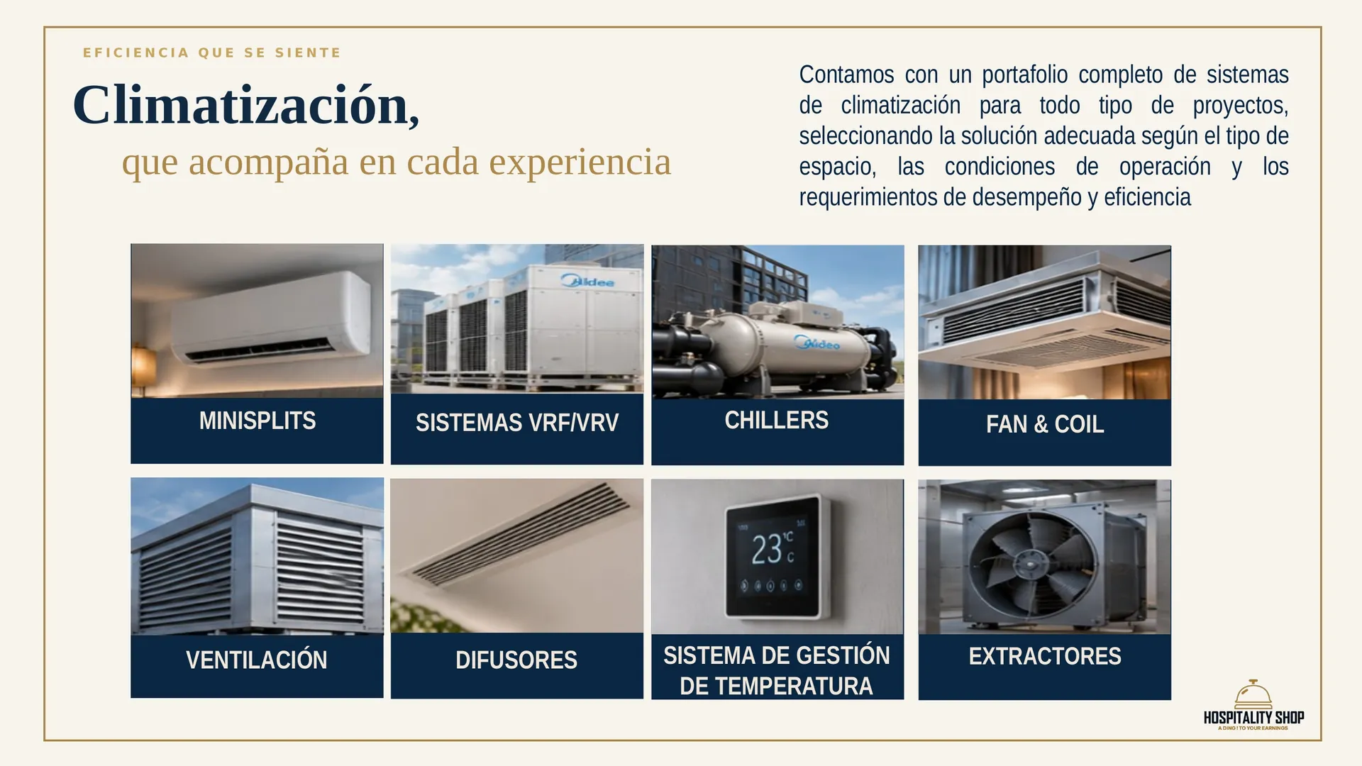 Sistemas de climatización: minisplits, VRF/VRV, chillers, fan & coil, ventilación, difusores y extractores